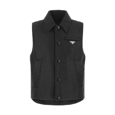 PRADA FW22 Black Single-Breasted Sleeveless Vest with Logo Details. SGC058-11FC-F0002-S-221