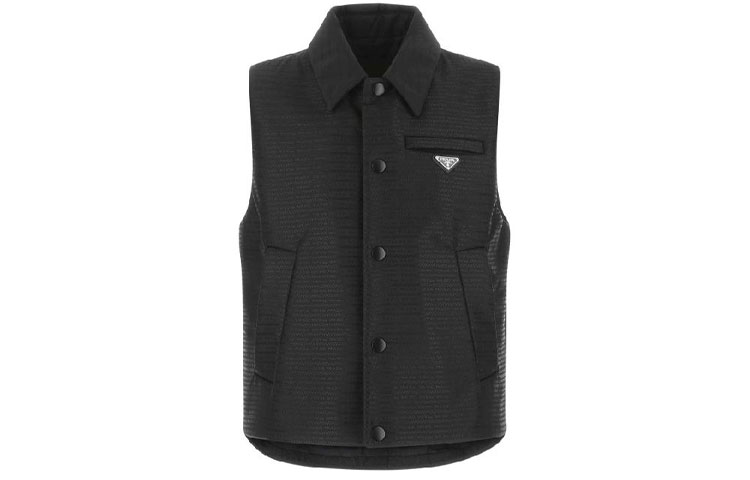 Order PRADA FW22 Jaket Tanpa Lengan Hitam Single-Breasted dengan Logo Terperinci. SGC058-11FC-F0002-S-221