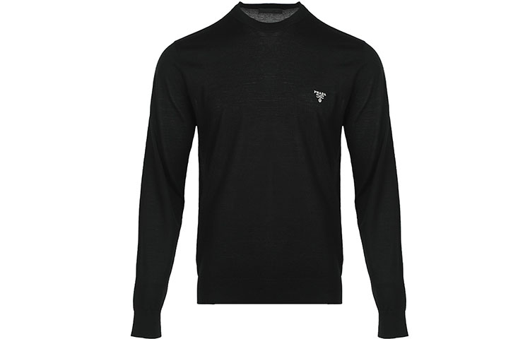 Order PRADA FW22 Sweater Wol Hitam dengan Logo Bordir. UM-B264-1ZLEF-0-002