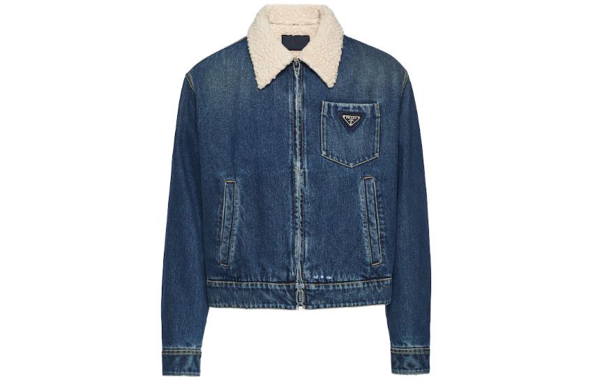 PRADA FW22  Blue Denim Jacket with Logo Collar Long Sleeve. GEB218-10UJ-F0008-S-212