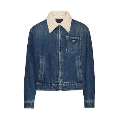 PRADA FW22 Blue Denim Jacket with Logo Collar Long Sleeve. GEB218-10UJ-F0008-S-212