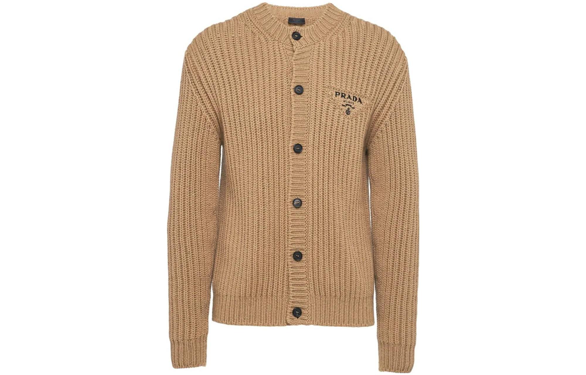 PRADA FW22  Brown Knit Sweater with Embroidered Logo on Chest. UMG165-11GC-F0040-S-222