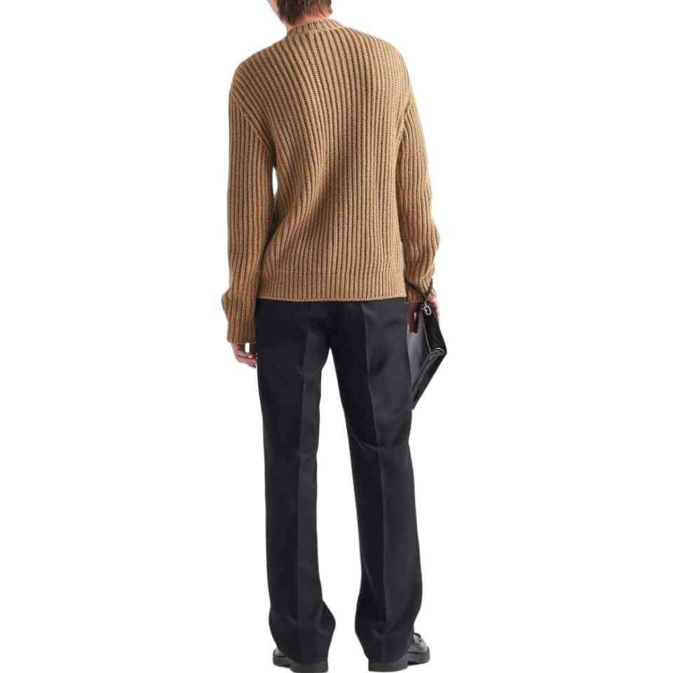 Shop PRADA FW22  Brown Knit Sweater with Embroidered Logo on Chest. UMG165-11GC-F0040-S-222