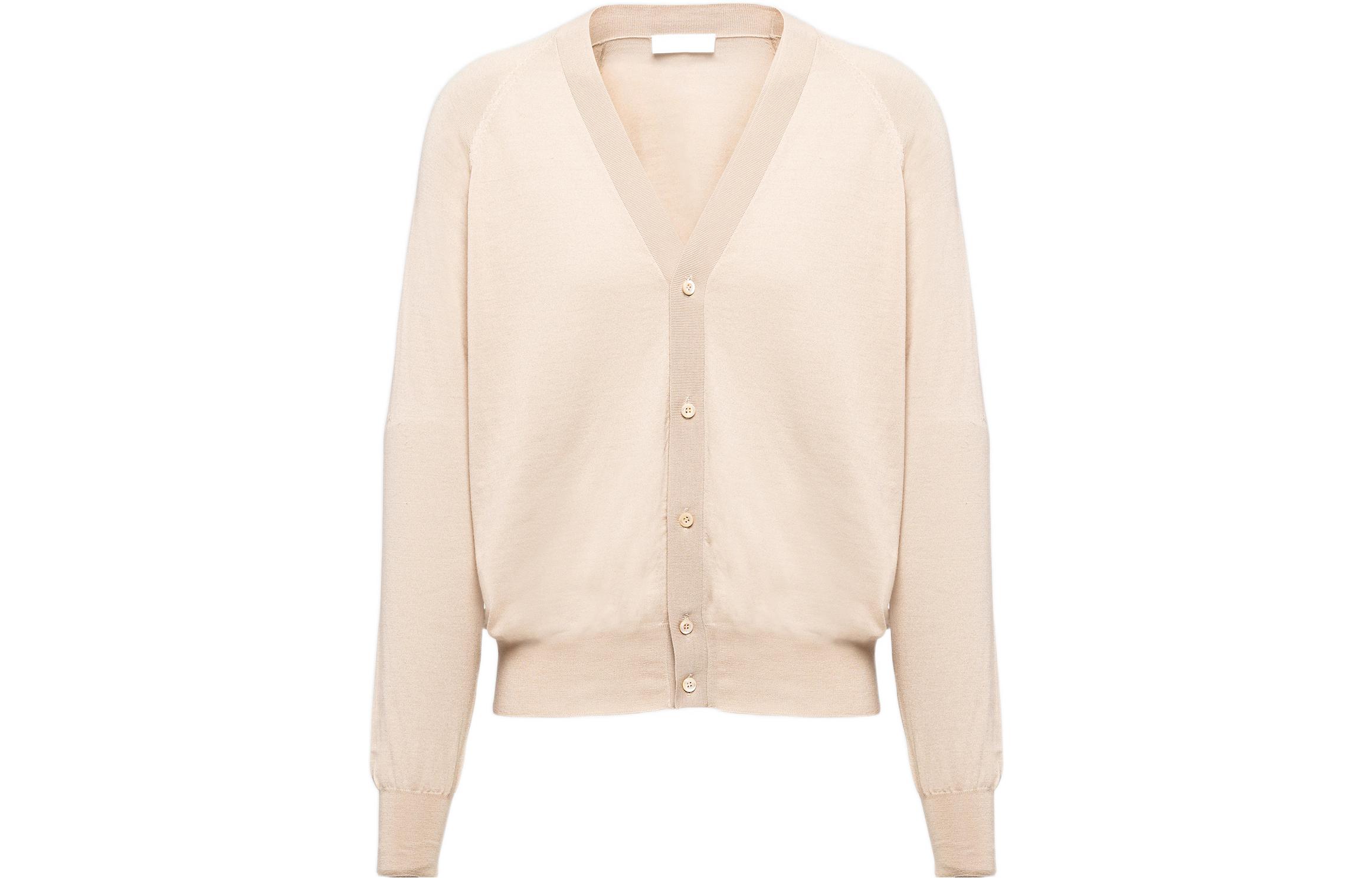 PRADA FW22  Colorblock V-Neck Button-Up Knit Sweater in Light Pink. UMC653-J2N-F0627-S-121