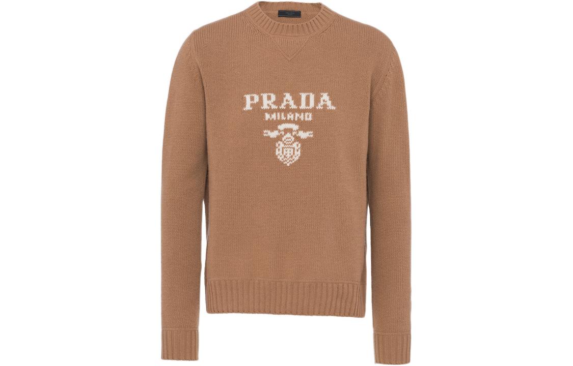 Order PRADA FW22  Knit Pullover Sweater with Letter Logo in Camel Brown. UMB223-1YMW-F0040-S-211