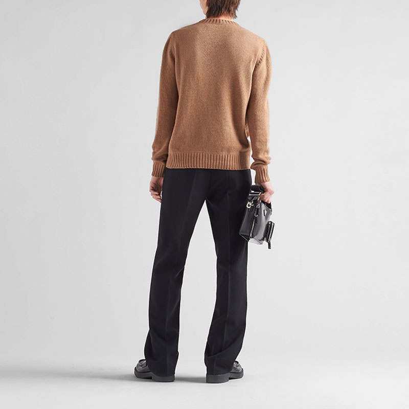 Shop PRADA FW22  Knit Pullover Sweater with Letter Logo in Camel Brown. UMB223-1YMW-F0040-S-211