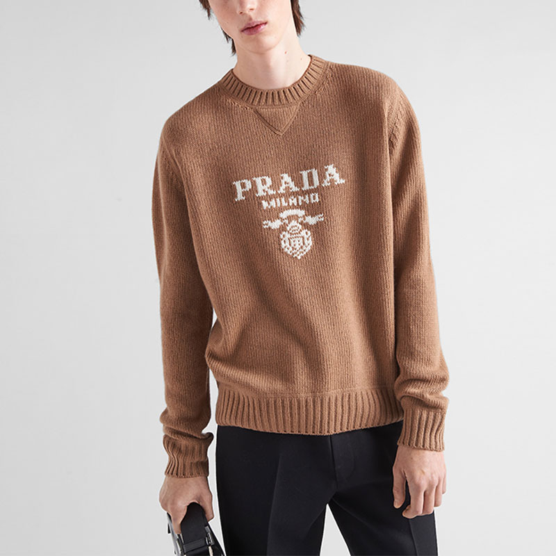 Purchase PRADA FW22  Knit Pullover Sweater with Letter Logo in Camel Brown. UMB223-1YMW-F0040-S-211