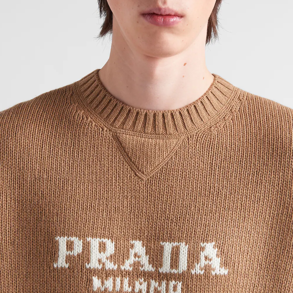 Details for PRADA FW22  Knit Pullover Sweater with Letter Logo in Camel Brown. UMB223-1YMW-F0040-S-211