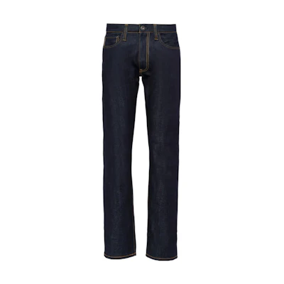 PRADA FW22 Loose Fit Straight-Leg Blue Denim Jeans with Stitch Details GEP315-1WQV-F0008-S-202