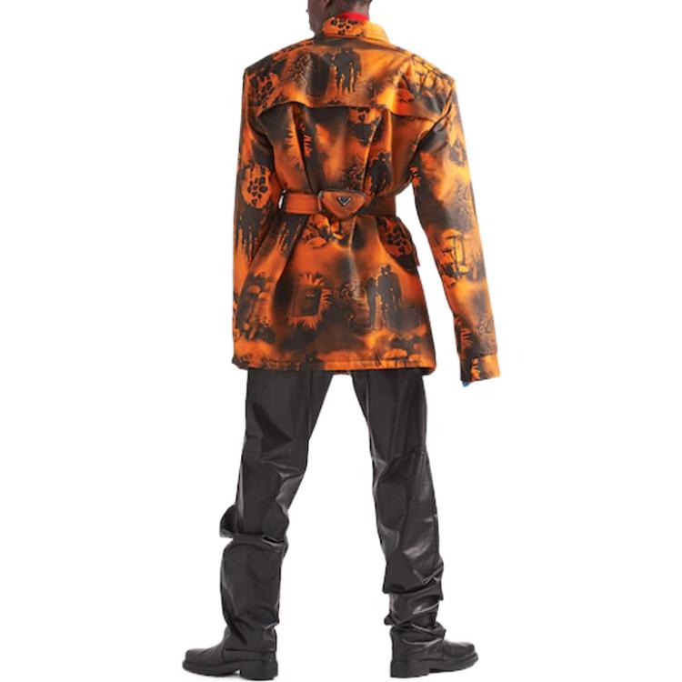 Shop PRADA FW22  Orange Printed Belted Long Sleeve Coat SGC091-11PZ-F0049-S-222