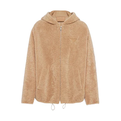 PRADA FW22 Pink Fur Hoodie with Logo Patch and Zipper. UPW442-1ZIK-F0627-S-231
