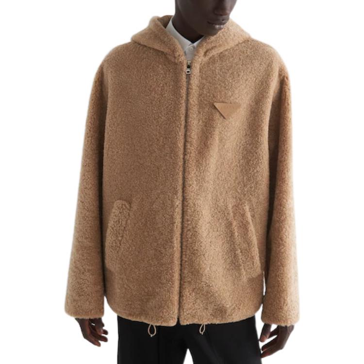 Purchase PRADA FW22  Pink Fur Hoodie with Logo Patch and Zipper. UPW442-1ZIK-F0627-S-231