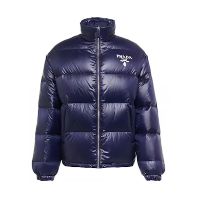 PRADA FW22 Quilted Jacket with Logo Print Stand Collar in Blue. SGC089-11A9-F0SVF-S-222