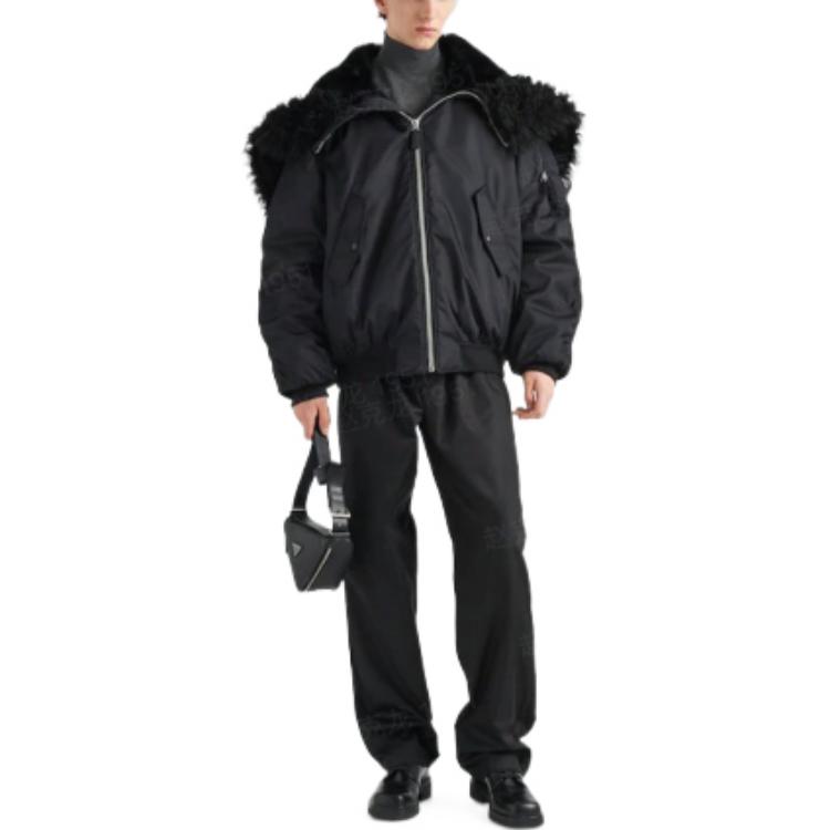 Shop Prada FW22 黑色拉鍊飛行員外套帶翻領 SGC148-1WQ8-F0002-S-222