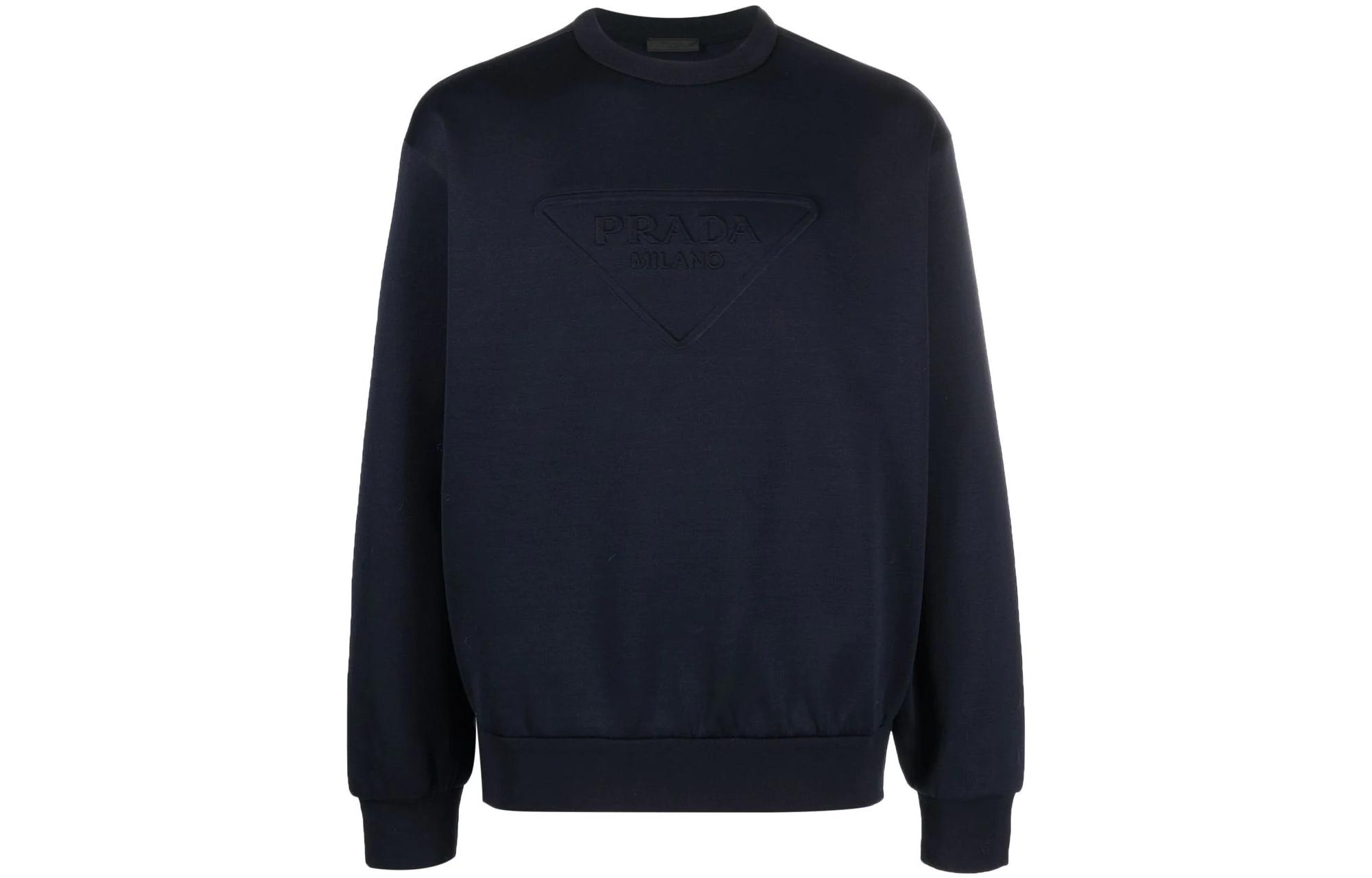 Prada FW22 Embossed Logo Crewneck Sweatshirt Navy Blue - UJL27A-11OQ-F0008-S-221