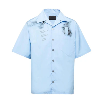 PRADA FW22 Sky Blue Printed Short Sleeve Button-Up Relaxed Shirt Men. UCS414-11SR-F0YRX-S-221