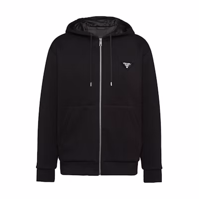 PRADA FW23 Black Hoodie with Logo Letter Print and Zipper. UJL32B-11OQ-F0002-S-OOO