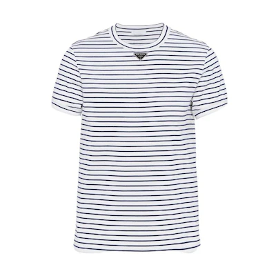 PRADA FW23 Blue Striped Cotton Crewneck Short Sleeve T-Shirt. UJN824-111L-F0UB0-S-222