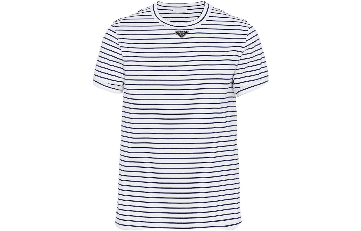 Order PRADA FW23  Blue Striped Cotton Crewneck Short Sleeve T-Shirt. UJN824-111L-F0UB0-S-222