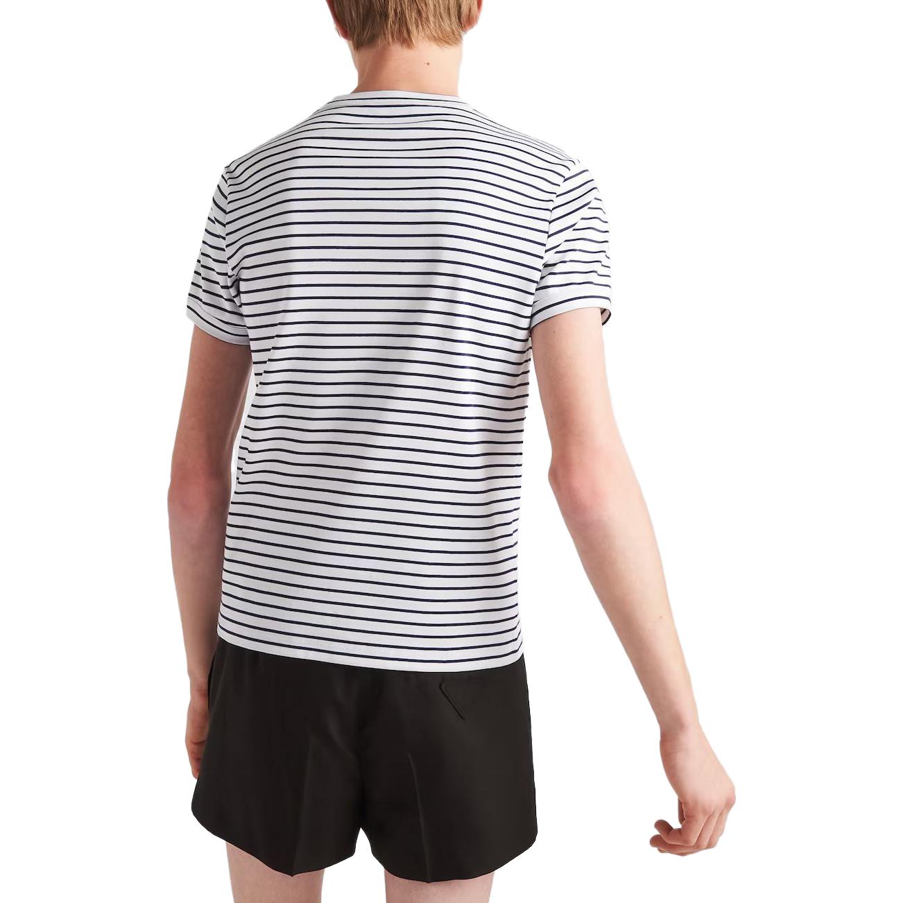 Shop PRADA FW23  Blue Striped Cotton Crewneck Short Sleeve T-Shirt. UJN824-111L-F0UB0-S-222
