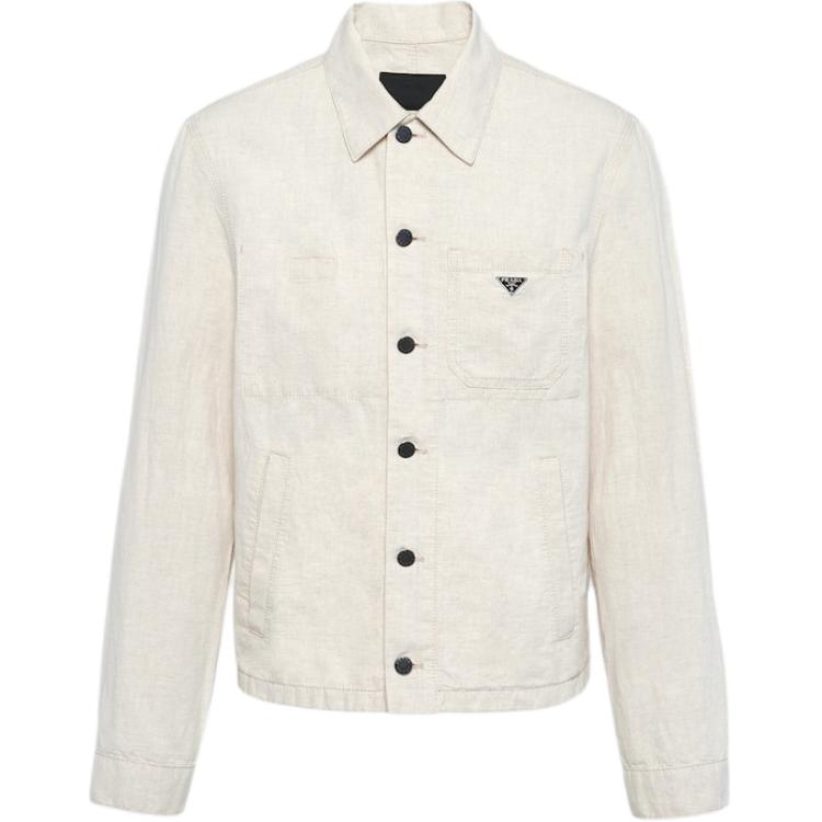 PRADA FW23 Logo Chambray Belted Single-Breasted Jacket Men’s White. GEB254-14J2-F0ABR-S-OOO