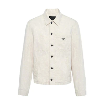 PRADA FW23 Logo Chambray Belted Single-Breasted Jacket Men’s White. GEB254-14J2-F0ABR-S-OOO