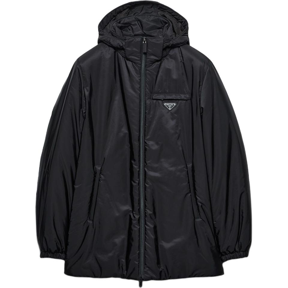 PRADA FW24  Black Hooded Down Jacket with Logo Patch. SGC710-1WQ9-F0002-S-OOO