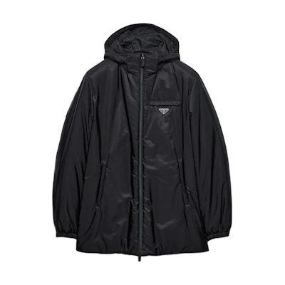 PRADA FW24 Black Hooded Down Jacket with Logo Patch. SGC710-1WQ9-F0002-S-OOO