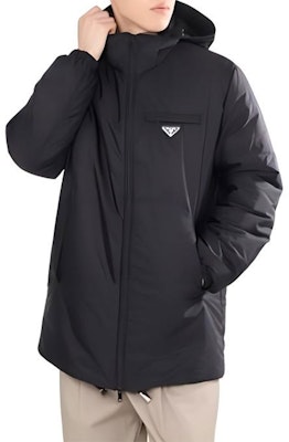 PRADA FW24 Black Hooded Down Jacket with Logo Patch. SGC710-1WQ9-F0002-S-OOO Shop PRADA FW24 Black Hooded Down Jacket with Logo Patch. SGC710-1WQ9-F0002-S-OOO