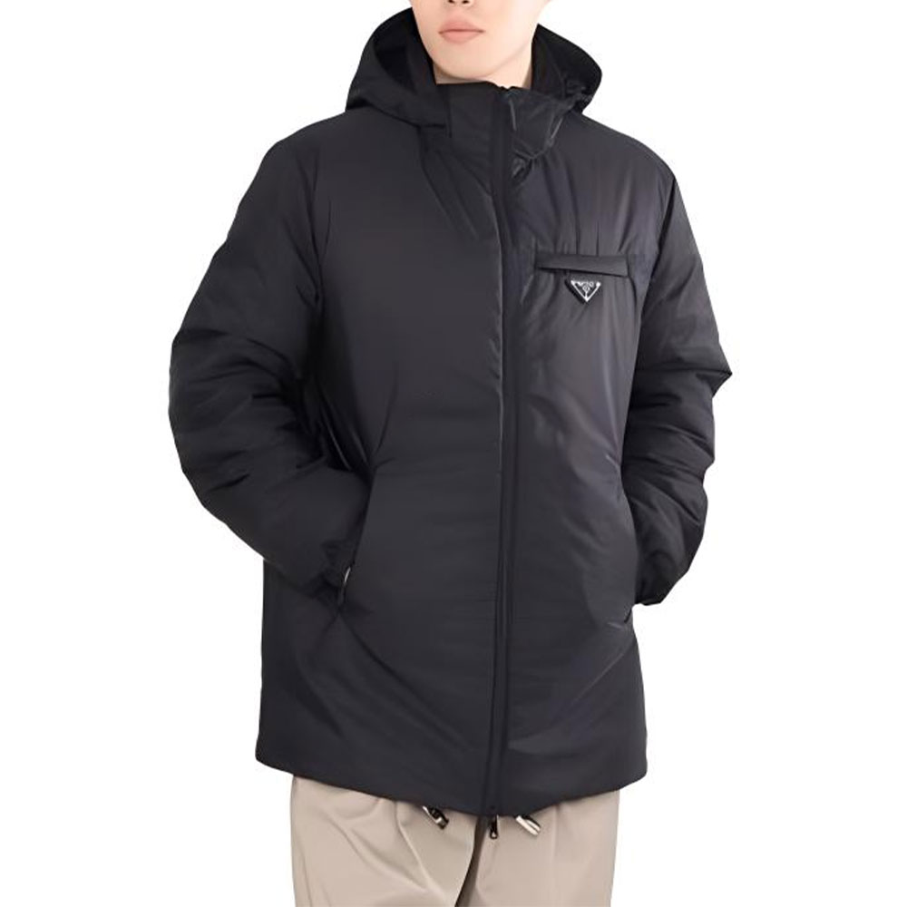 Purchase PRADA FW24  Black Hooded Down Jacket with Logo Patch. SGC710-1WQ9-F0002-S-OOO