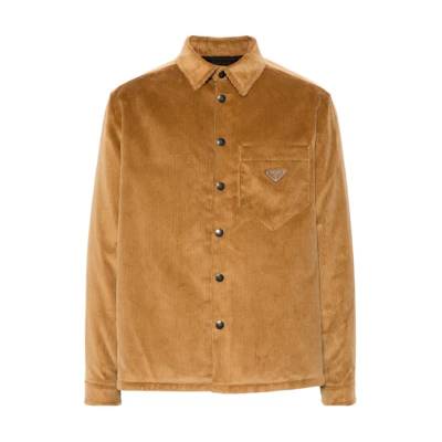 PRADA FW24 Brown Long-Sleeve Shirt with Logo Button Detail. SC554M-144R-F0346-S-221