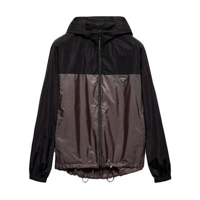 PRADA FW24 Loose Fit Hooded Jacket with Logo Patch in Iron Gray. SGC601-1WQ9-F0N5A-S-BOO