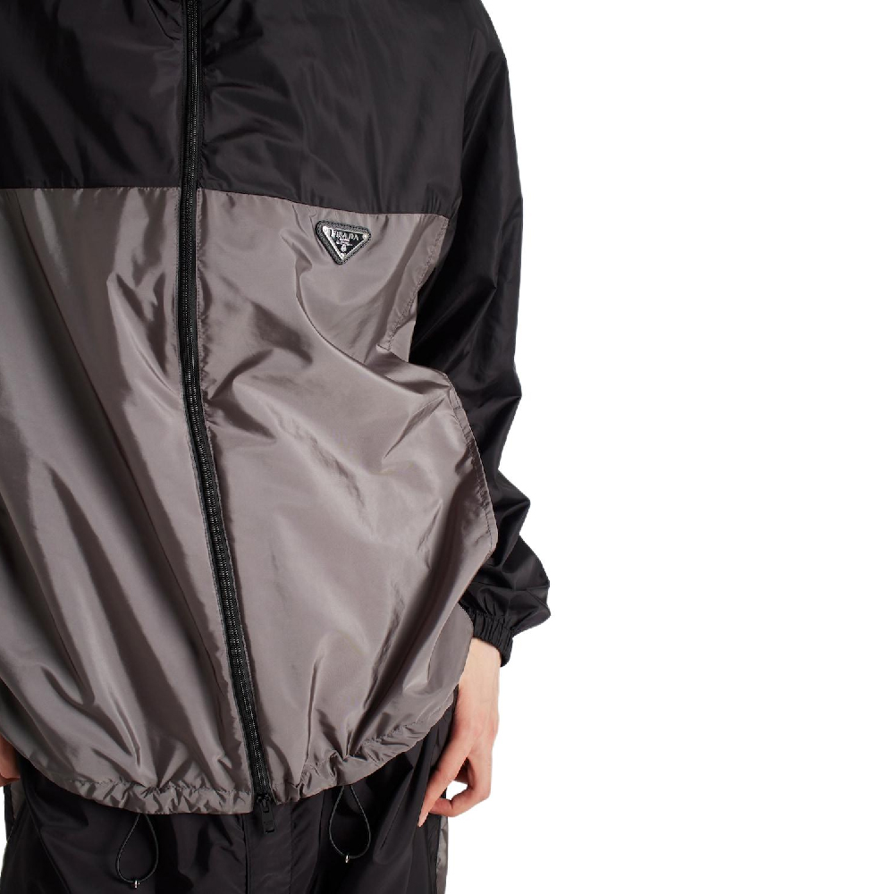 Details for PRADA FW24  Loose Fit Hooded Jacket with Logo Patch in Iron Gray. SGC601-1WQ9-F0N5A-S-BOO