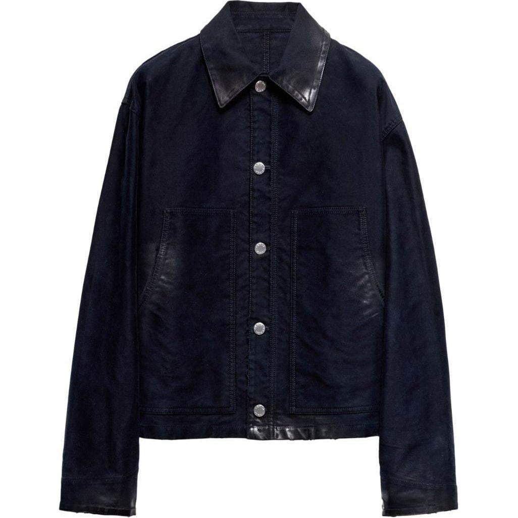 PRADA FW24  Midnight Blue Long-Sleeve Jacket with Leather Details & Logo. GEB272-142E