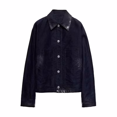 PRADA FW24 Midnight Blue Long-Sleeve Jacket with Leather Details & Logo. GEB272-142E
