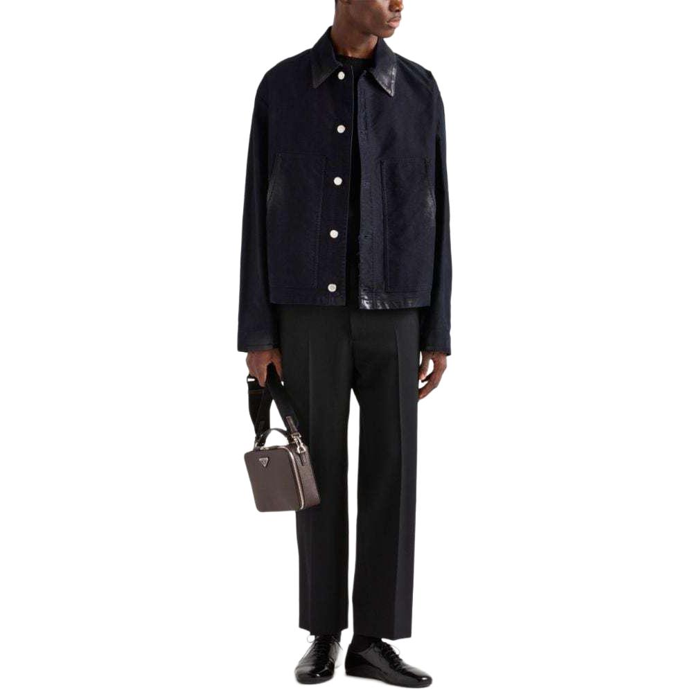 Lookbook PRADA FW24  Midnight Blue Long-Sleeve Jacket with Leather Details & Logo. GEB272-142E