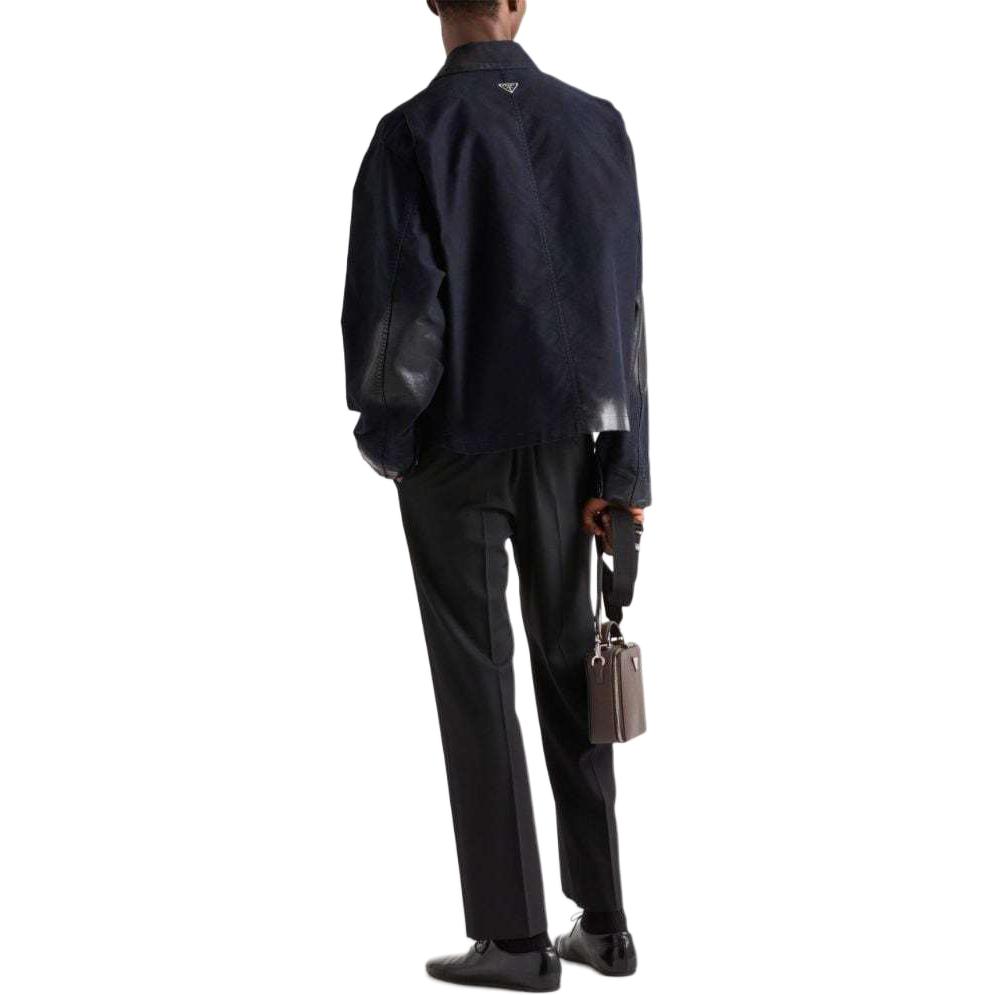 Shop PRADA FW24  Midnight Blue Long-Sleeve Jacket with Leather Details & Logo. GEB272-142E