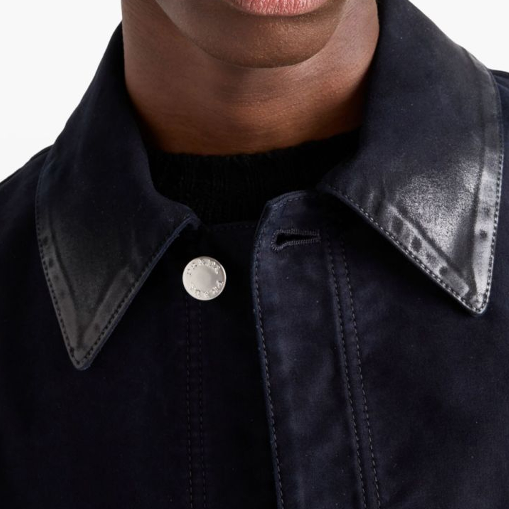 Purchase PRADA FW24  Midnight Blue Long-Sleeve Jacket with Leather Details & Logo. GEB272-142E