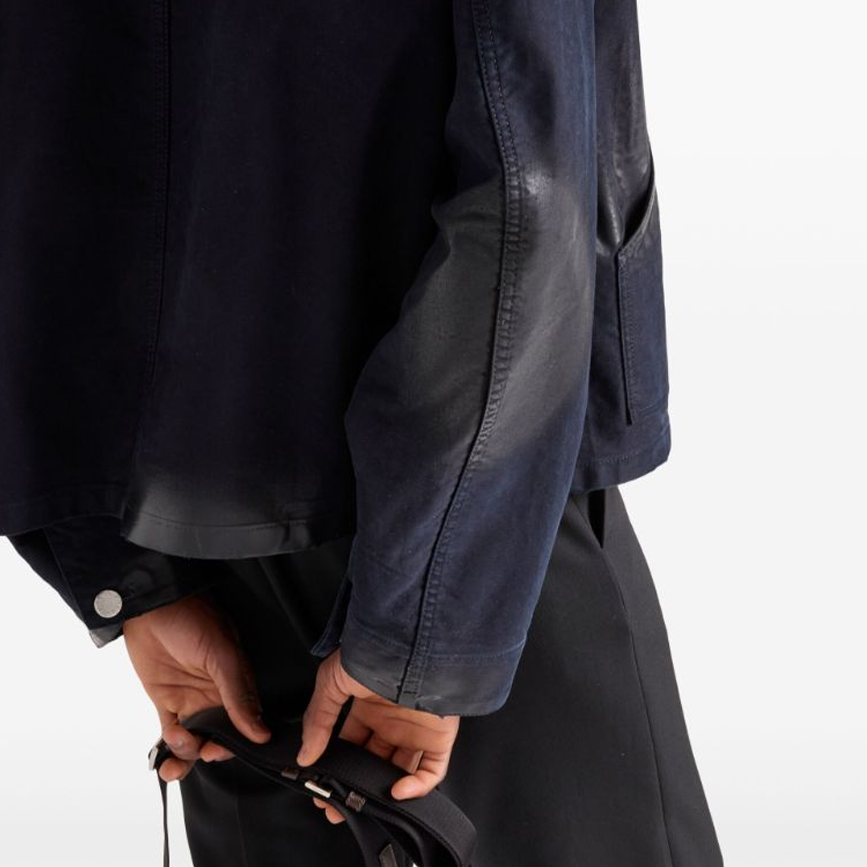 Details for PRADA FW24  Midnight Blue Long-Sleeve Jacket with Leather Details & Logo. GEB272-142E