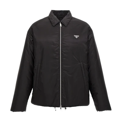 PRADA FW24 Black Loose Fit Cotton Jacket with Triangle Logo for Men. SGC691-1WQ9-F0002-S-OOO