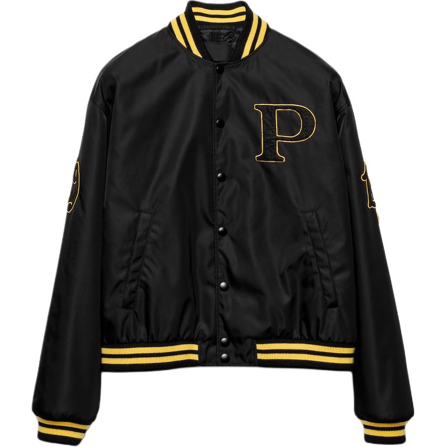 Prada FW24 Black Pilot Jacket with Letter Print and Striped Design SGC725-1WQ8-F0002-S-OOO