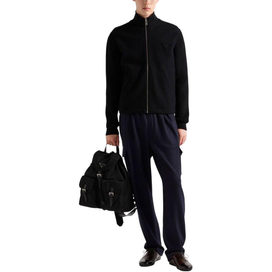 Shop Prada FW24 黑色羊毛外套，全拉鍊設計，長袖款式附Logo SGC686-1Y5V-F0002-S-OOO