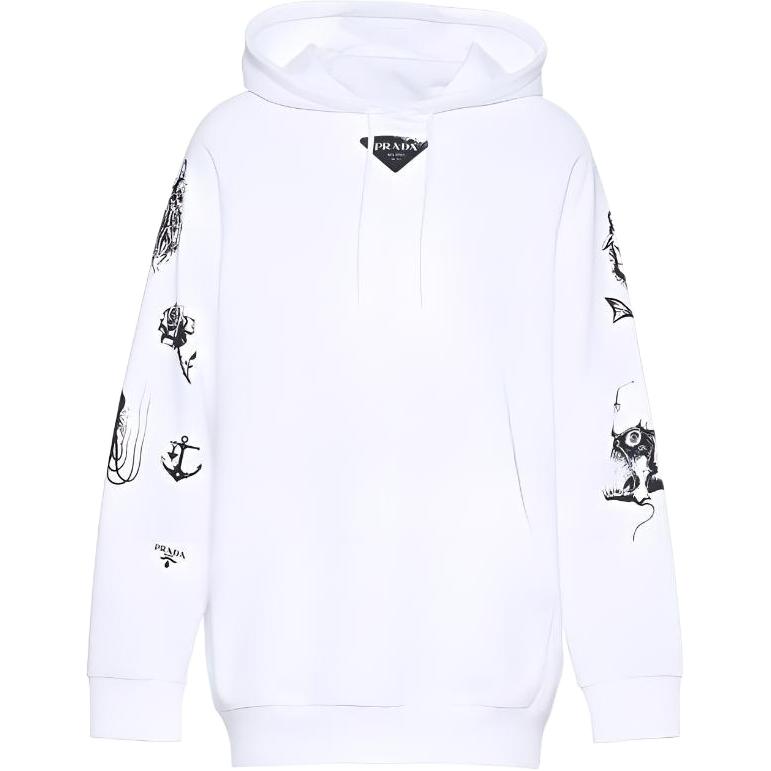 Prada Graphic Print White Hoodie with Long Sleeves UJL12A-10IO-F0009-S-221