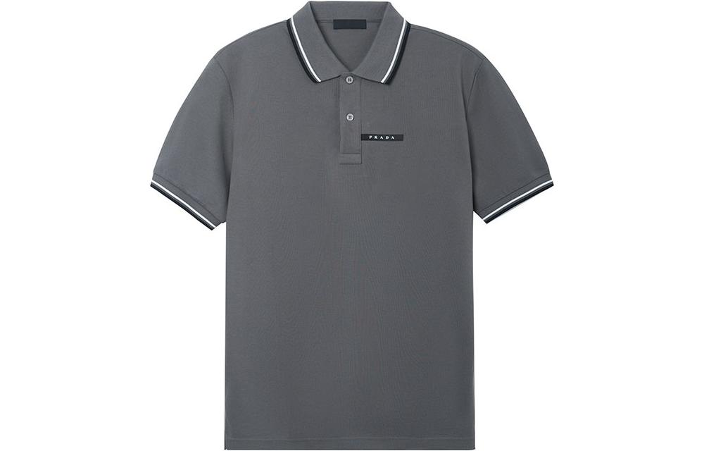 PRADA Gray Striped Logo Collar Short Sleeve Polo Shirt SJN256-322-F0BW9