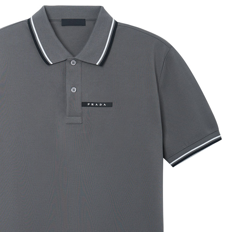 Purchase PRADA 灰色条纹标志领短袖POLO衫 SJN256-322-F0BW9