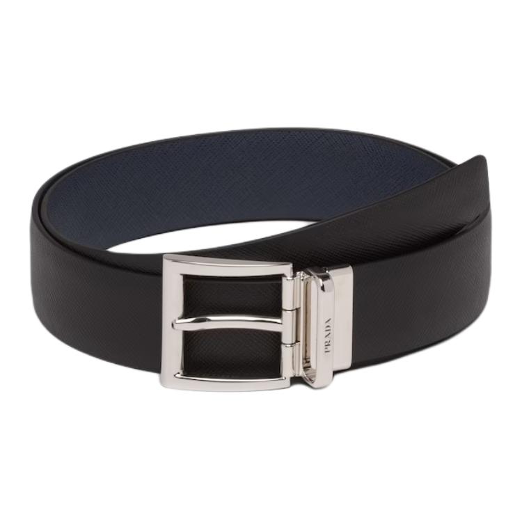 PRADA Leather Belt with Metal Logo Buckle in Sea Blue, 3.3cm Wide. 2CC004-053-F0RD7