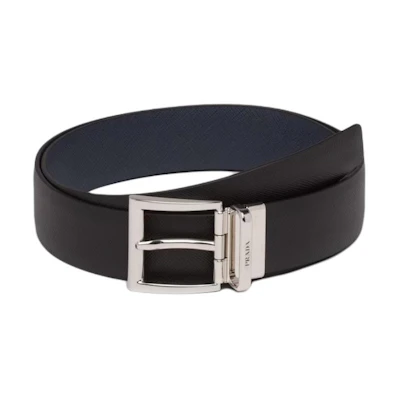 PRADA Leather Belt with Metal Logo Buckle in Sea Blue, 3.3cm Wide. 2CC004-053-F0RD7