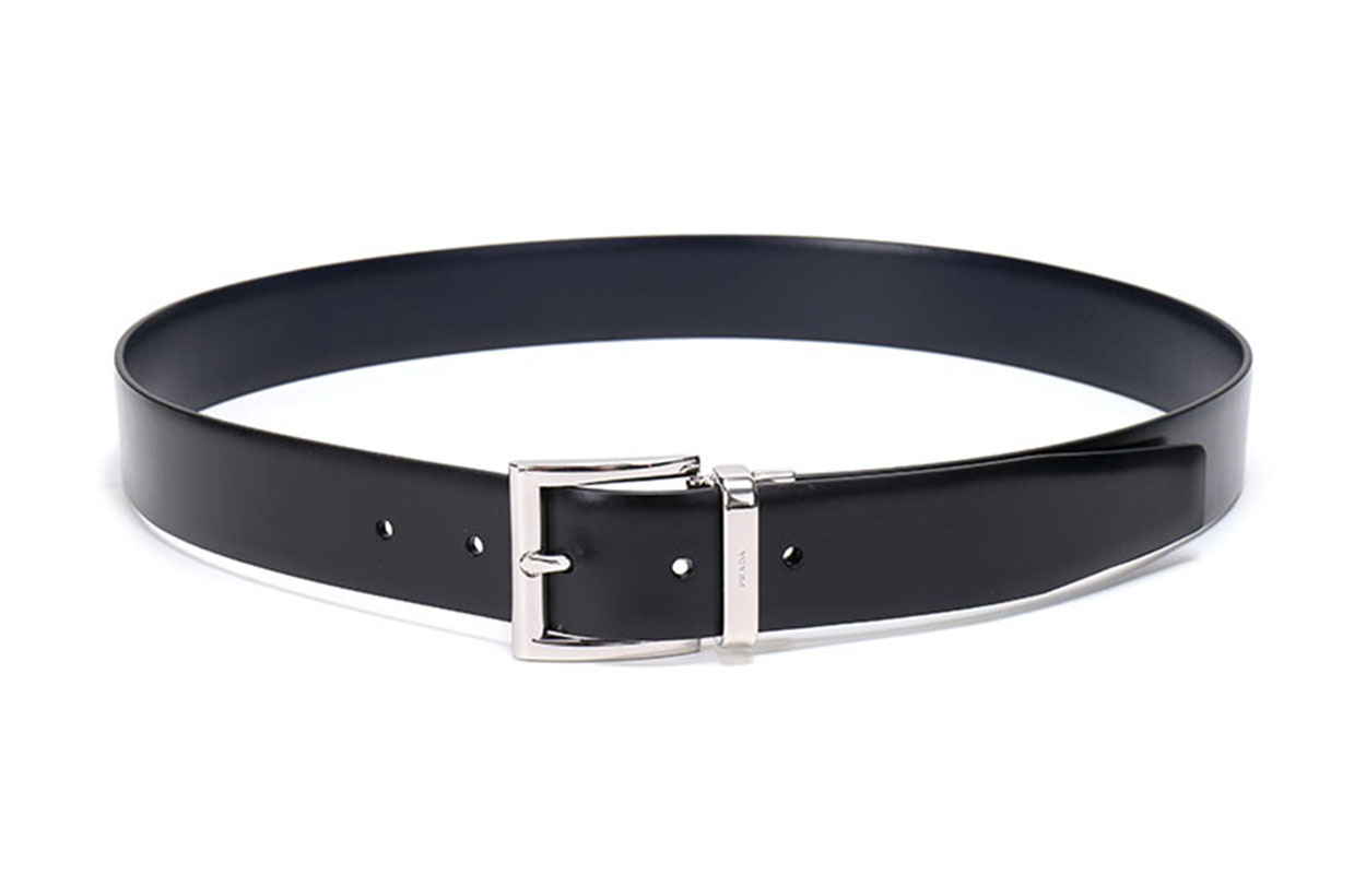 Shop PRADA Leather Belt with Metal Logo Buckle in Sea Blue, 3.3cm Wide. 2CC004-053-F0RD7