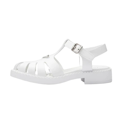 Prada Leather Enamel Triangle Logo Buckle Sandal 'White'