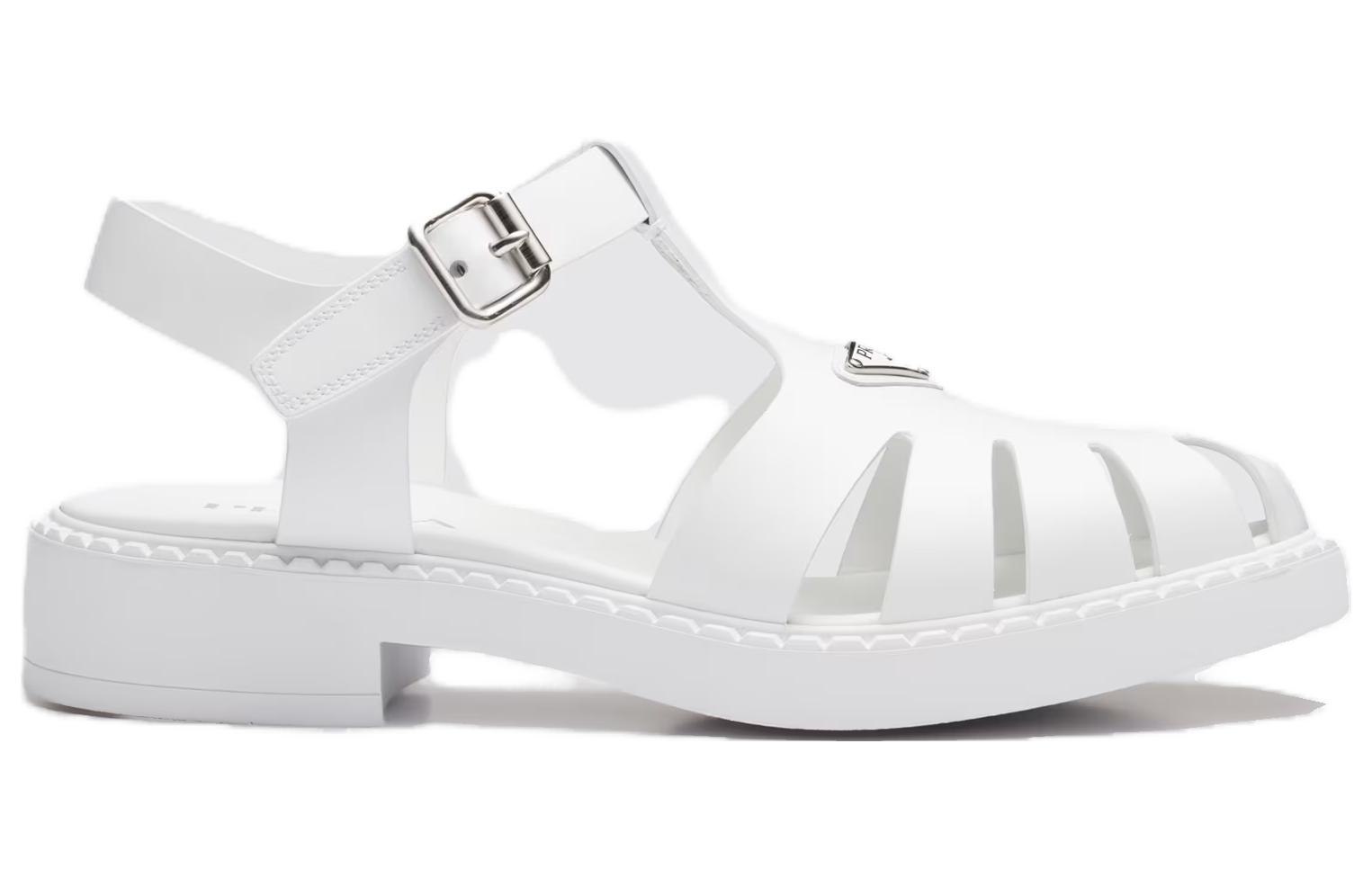 Prada Leather Enamel Triangle Logo Buckle Sandal 'White' 圖 2